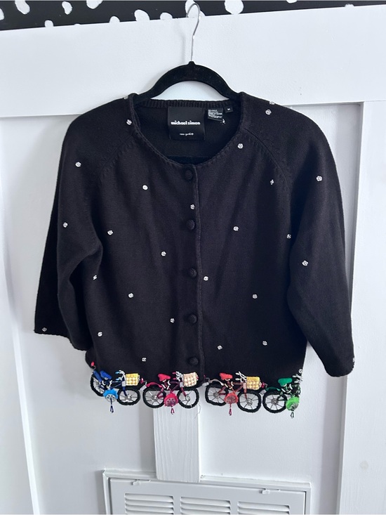 Michael Simon Sweaters - Michael Simon Black Cardigan with Multicolor Bicycle Hem Trim medium 2000